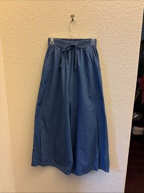 Wide Leg Drawstring Denim Pants - Blue